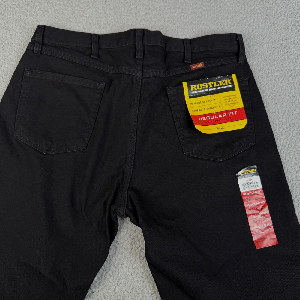 NWT RUSTLER Denim Jeans Mens 38 x 30 Black Regular Fit Straight Western Workwear